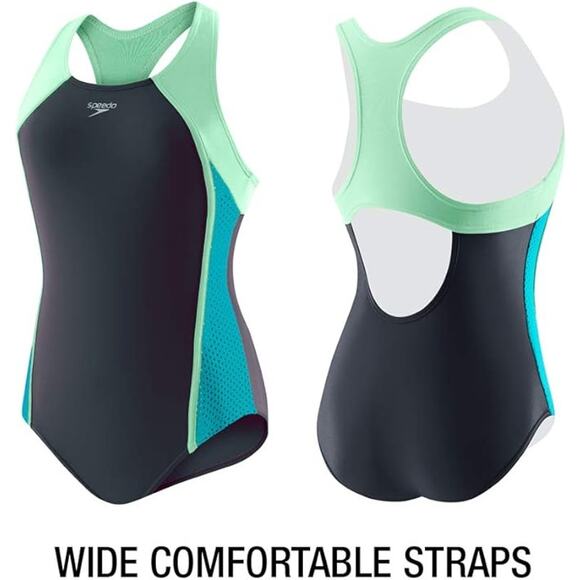 NEW Speedo Girl's Swimsuit One Piece Mesh Splice Thick Strap 10 - Picture 4 of 4